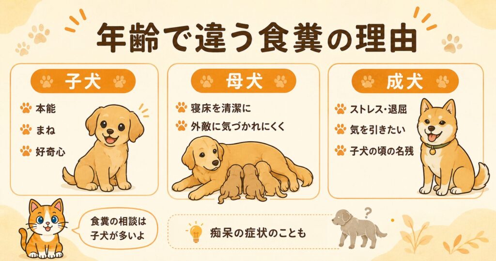 子犬・母犬・成犬それぞれで異なる、犬が食糞(うんちを食べる行動)をする主な理由を年齢別にまとめた解説スライド
