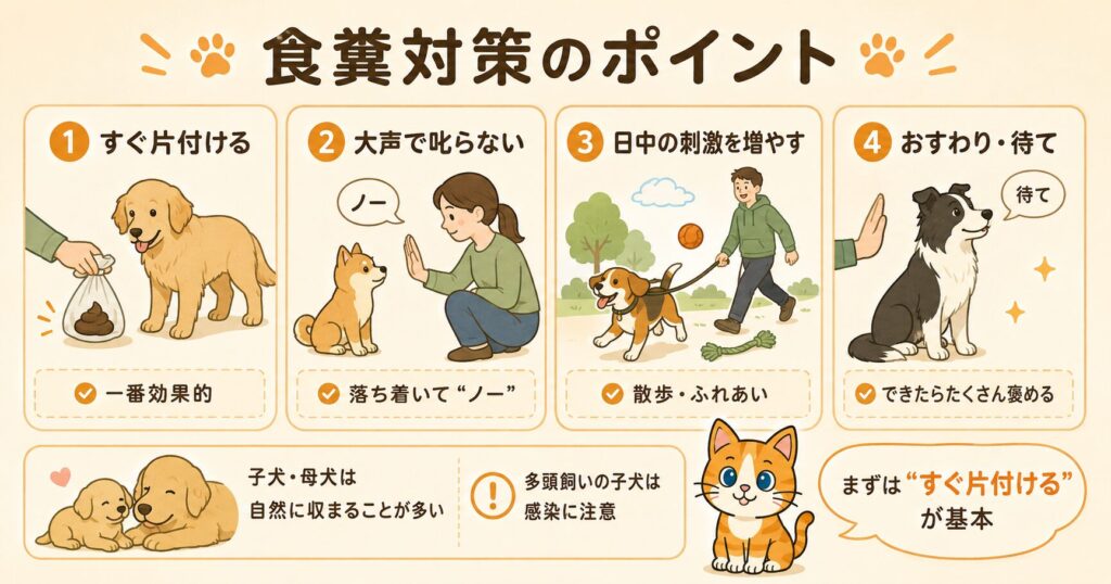 犬の食糞をやめさせるための対策として、すぐ片付ける・叱らないなどの具体的なポイントを紹介する解説スライド