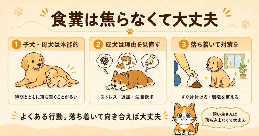 食糞は、本能的な行動であることが多い。成犬は理由を考え対策が必要なことも。犬が食糞をしても叩いたり大声で叱ったりせず、落ち着いて対応し片付けることが大切だと伝えるまとめスライド