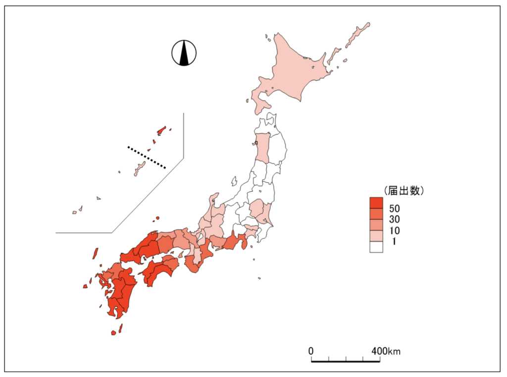 SFTSの届出症例数の都道府県別分布(2026年1月現在)