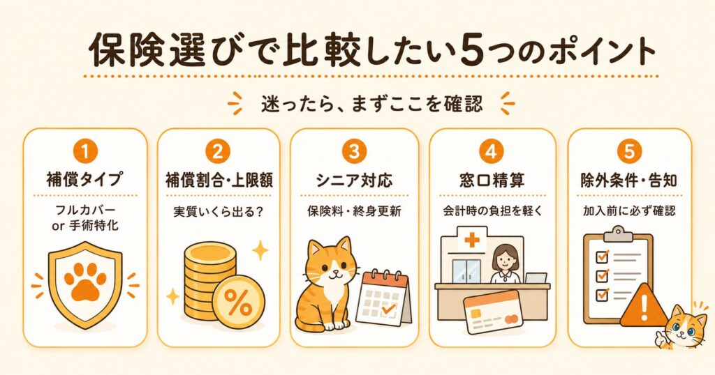 ペット保険の選び方で獣医師が比較してほしい5つのポイントを示す解説イラスト