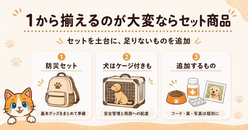 ペット用防災グッズを1から揃えるのが大変な人向けにセット商品も便利と示す解説イラスト