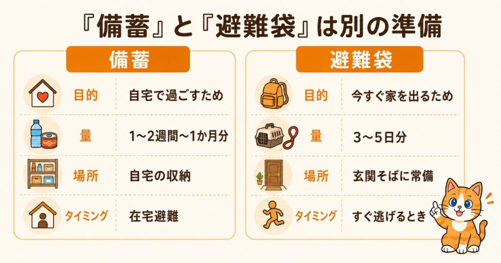 ペットの備蓄と避難袋は別の準備であることを示す解説イラスト。在宅用の備蓄と持ち出し用避難袋の違いを図解