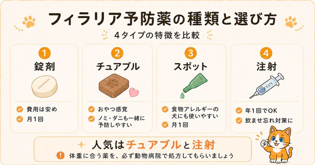 犬のフィラリア予防薬の種類と選び方を示す解説イラスト。錠剤・チュアブル・スポット・注射などのタイプを図解