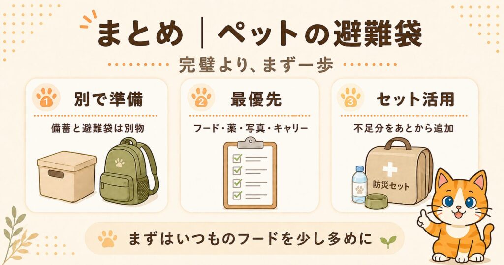 ペット用の非常用持ち出し袋の要点をまとめた解説スライド。中身のリストや備蓄との違いを図解