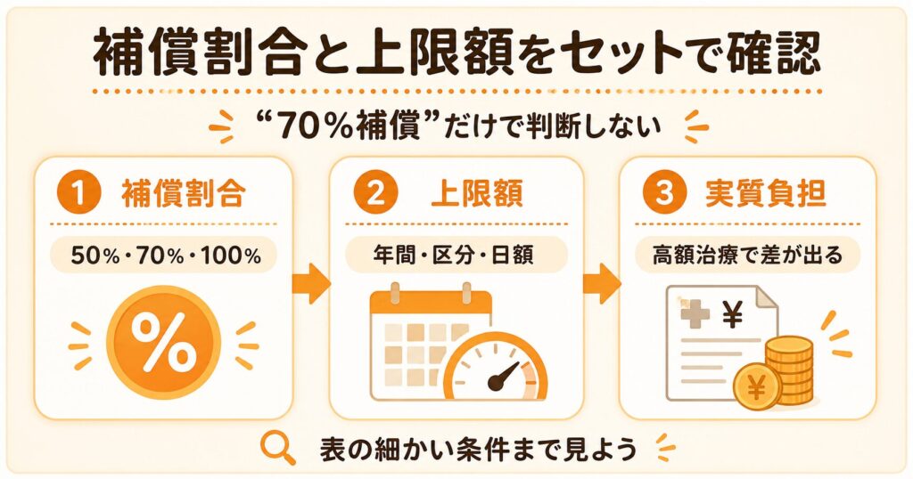 ペット保険の補償割合と支払い限度額を示す解説イラスト。補償割合50〜70%や年間・回数の上限を図解