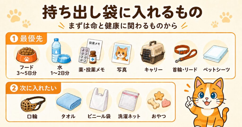 ペット用の非常用持ち出し袋に入れるアイテムを示す解説イラスト。フード・水・薬・トイレ用品などの必需品を図解