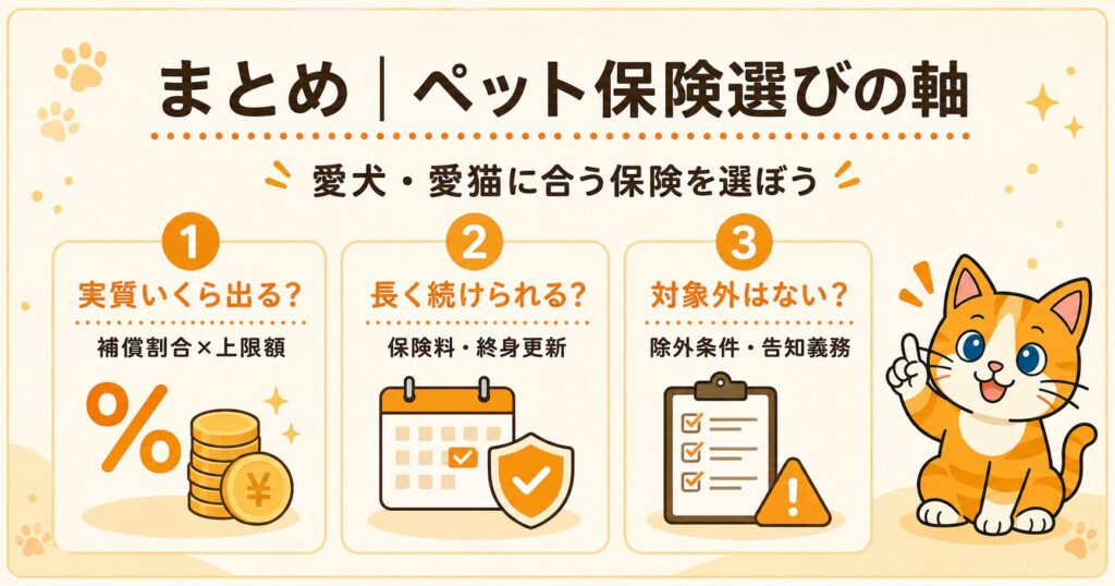 我が家に合うペット保険の選び方の要点をまとめた解説スライド。比較すべき5つのポイントを図解