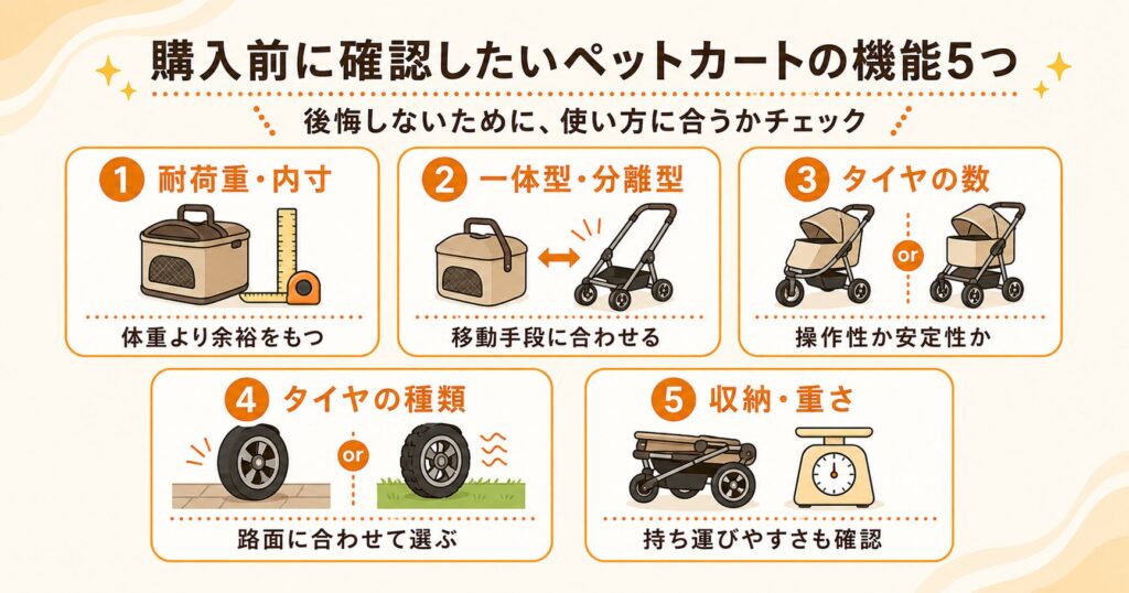 購入前に確認したいペットカートの機能5つを示す解説イラスト。耐荷重や内寸・一体型か分離型・タイヤの数などを図解