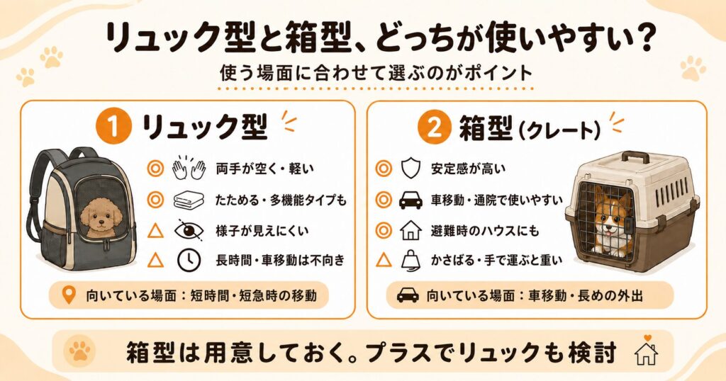 リュック型キャリーと箱型クレートの特徴を両手が空く・軽量・安定感などの観点で比較したイラスト図解
