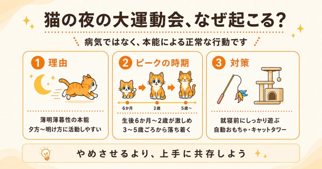 猫が夜中に走り回る理由と対策のまとめを表す画像。ノートパソコンを操作する茶トラ猫のイラスト