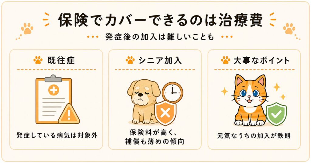ペット保険でカバーできるのは治療費のみで、既往症は対象外・シニア加入は保険料が高く、元気なうちの加入が鉄則だと示したスライド