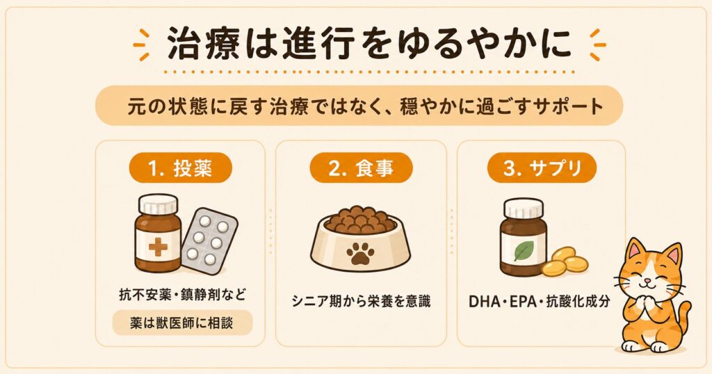 犬の認知症の治療は投薬・食事・サプリで進行をゆるやかにし、穏やかに過ごすためのサポートであることを図解したスライド