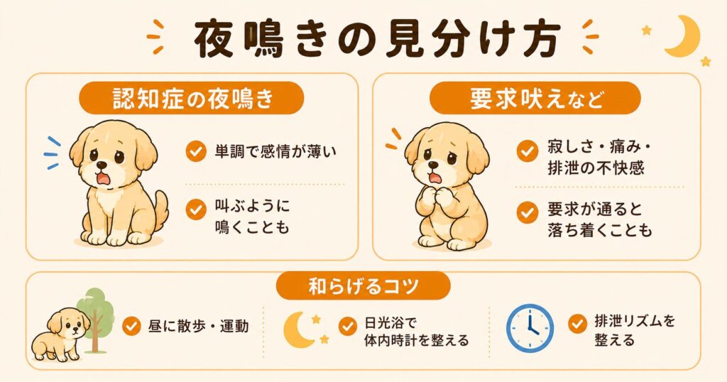 犬の夜鳴きの見分け方。単調で感情の薄い認知症の夜鳴きと要求吠えの違い、散歩や日光浴で和らげるコツを解説したスライド