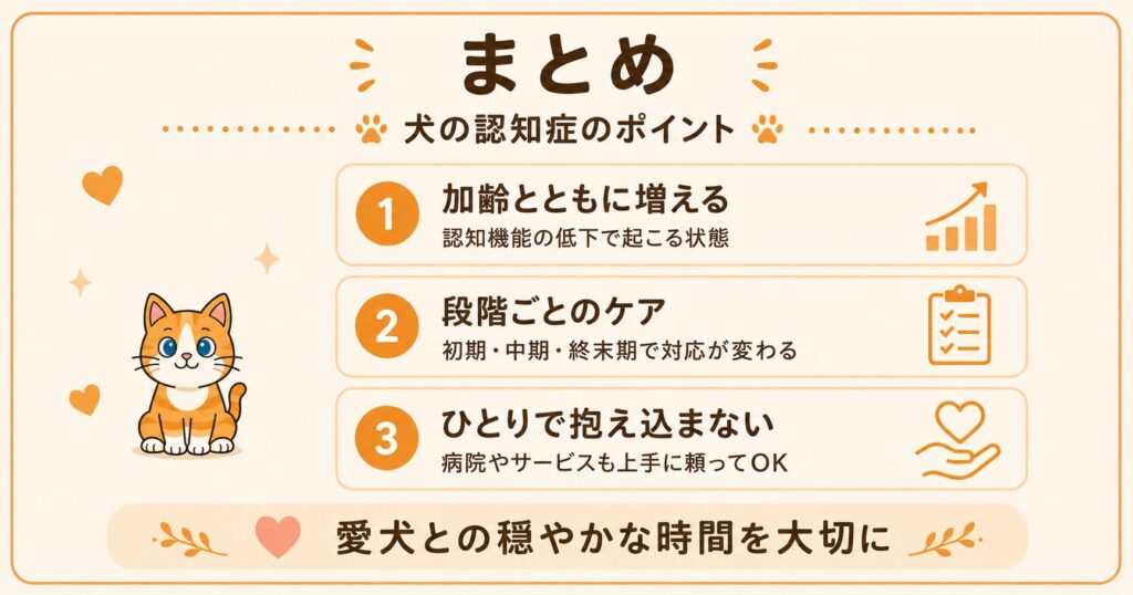 犬の認知症のポイントまとめ。加齢とともに増える・段階ごとにケアが変わる・ひとりで抱え込まないの3点を整理したスライド