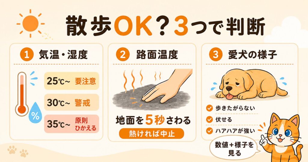犬の夏の散歩に出てよいか迷ったときの判断基準を図解。気温と湿度、路面温度を5秒さわって確認、愛犬の様子の3つで見極める方法を示すスライド