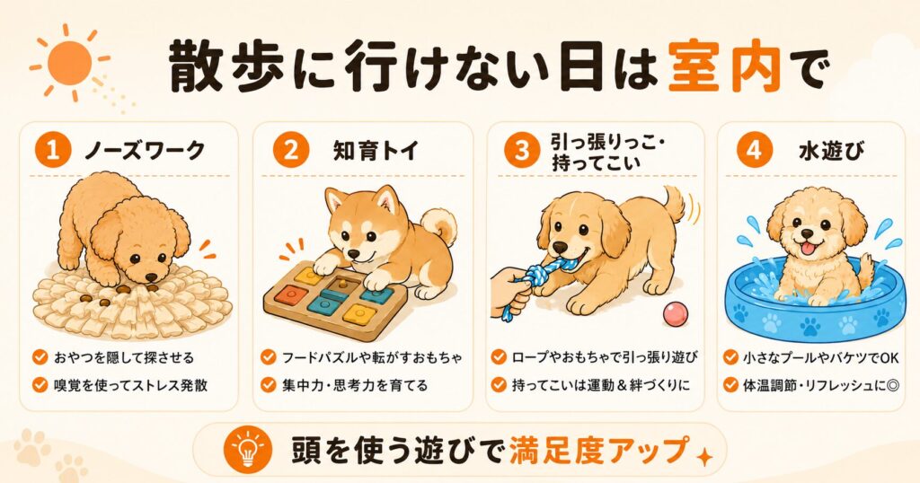 暑くて散歩に行けない日のおうち遊びを図解。ノーズワーク、知育トイ、引っ張りっこ、水遊びで室内でも発散できることを紹介したスライド