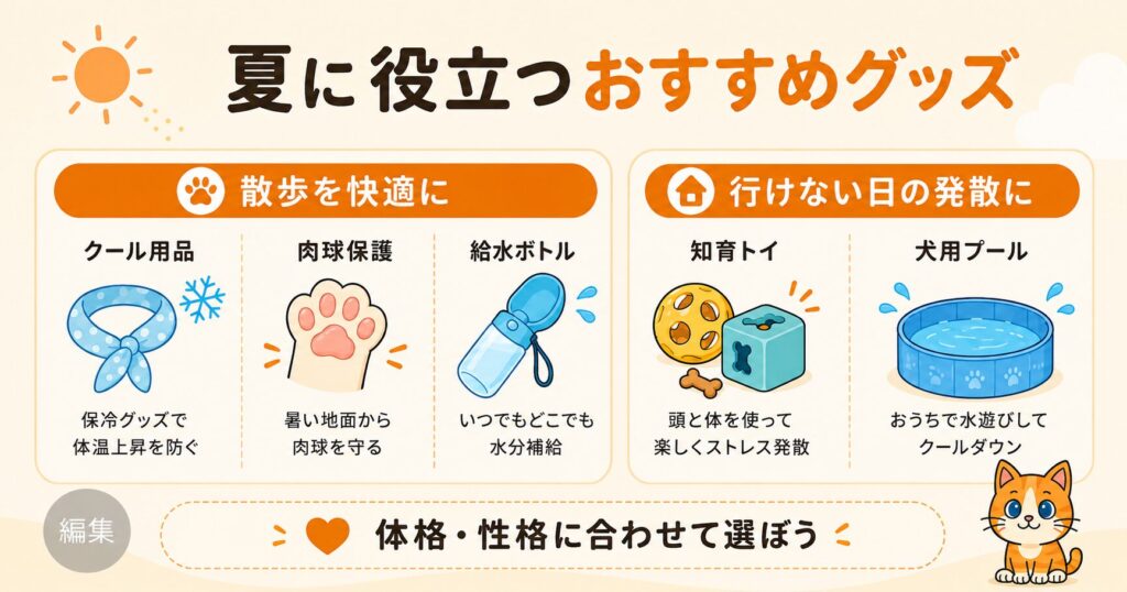 夏に役立つ犬のおすすめグッズを図解。散歩用のクール用品・肉球保護・給水ボトルと、行けない日の発散用の知育トイ・犬用プールを紹介したスライド