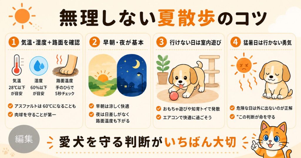 無理しない夏の犬の散歩のコツをまとめた図解。気温・湿度と路面の確認、早朝か夜が基本、行けない日は室内遊び、猛暑日は行かないの4点を示すスライド
