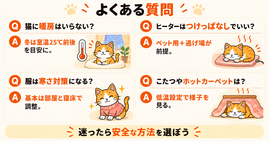 猫の暖房やペットヒーター、服、こたつの使い方についてよくある質問をまとめた図解