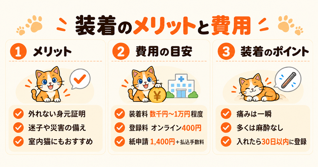 猫のマイクロチップ装着による迷子・災害対策のメリット、装着費用と登録手数料の目安、痛みや麻酔の必要性、装着後30日以内の登録について、にゃーすと解説した図。