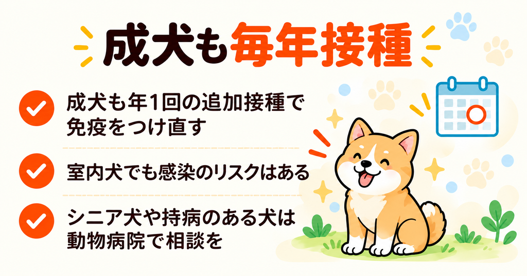 成犬のワクチン追加接種についてまとめた図解。免疫を維持するための定期的な接種、室内犬にも感染リスクがあること、シニア犬や持病のある犬は獣医師への相談が必要なことを紹介。