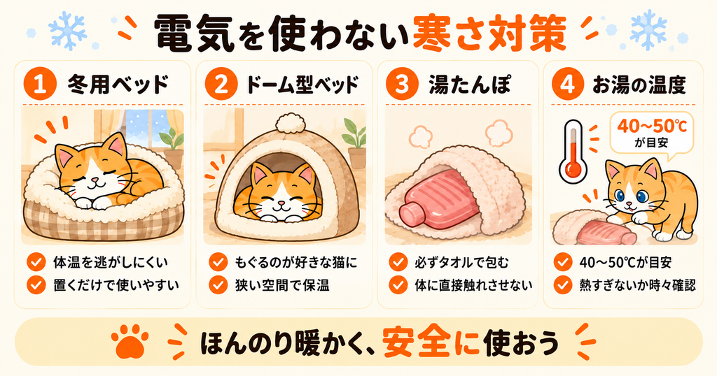 冬用ベッドやドーム型ベッド、湯たんぽなど電気を使わない猫の寒さ対策をまとめた図解