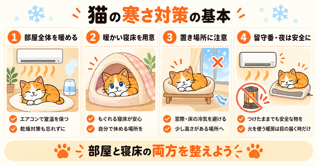 猫の寒さ対策として、部屋全体を暖めることと暖かい寝床を整える基本を示した図解