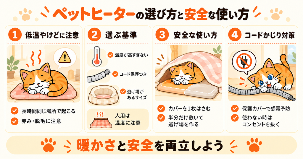 ペットヒーターを選ぶ基準と、低温やけどやコードかじりを防ぐ使い方をまとめた図解