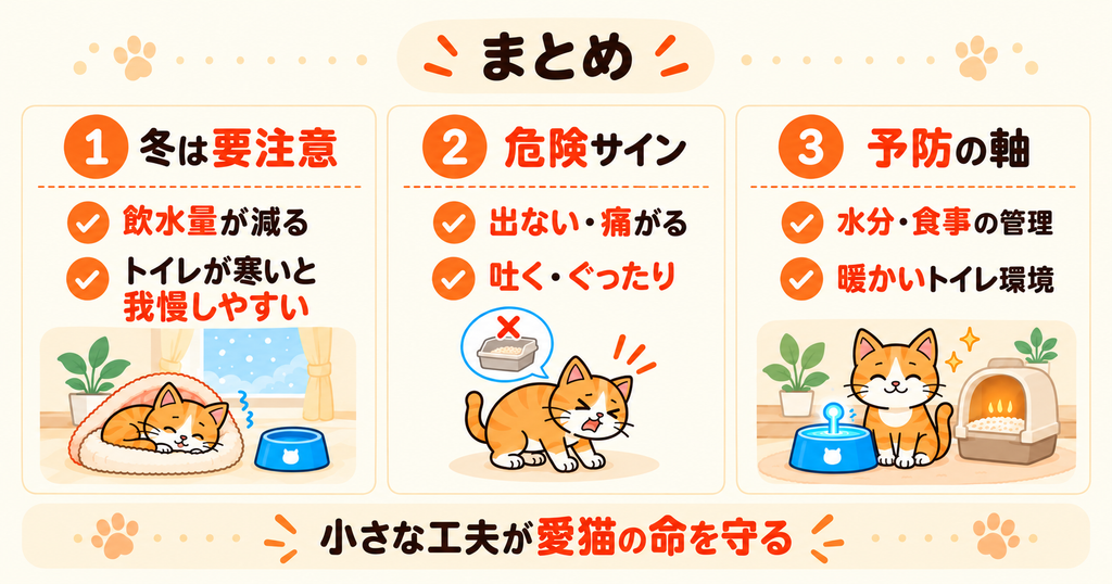 冬の猫の尿トラブル対策として、危険サインの確認と水分・食事・トイレ環境の見直しをまとめた図解