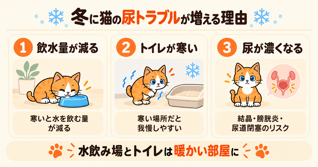 冬に猫の尿トラブルが増える理由として、飲水量の低下や寒いトイレ、尿が濃くなるリスクをまとめた図解