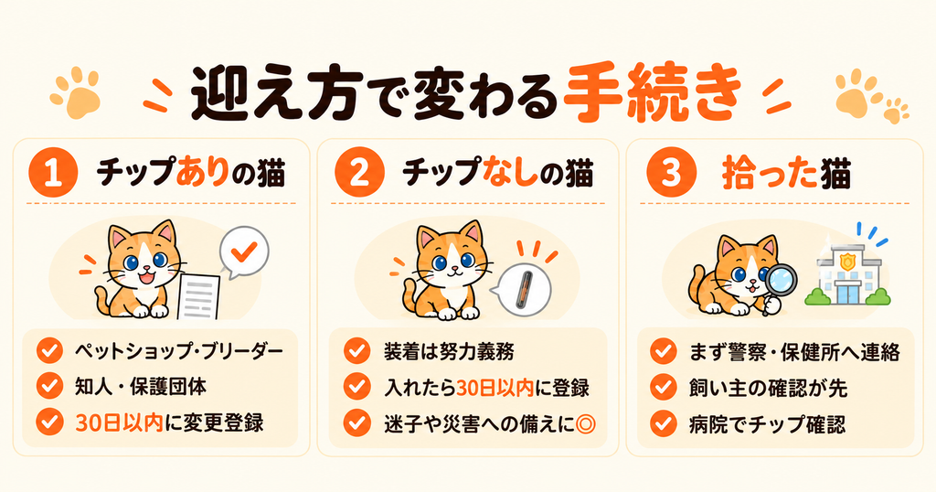 ペットショップや知人から迎えた猫、拾った猫など、迎え方によって異なるマイクロチップの装着義務と登録手続きを、オレンジ色の猫「にゃーす」のイラストで解説した図。