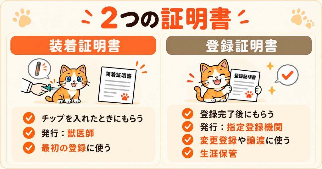 猫のマイクロチップに関する装着証明書と登録証明書を比較。獣医師が発行する装着証明書は初回登録に、登録完了後に発行される登録証明書は変更登録や譲渡に使うことを示した図。
