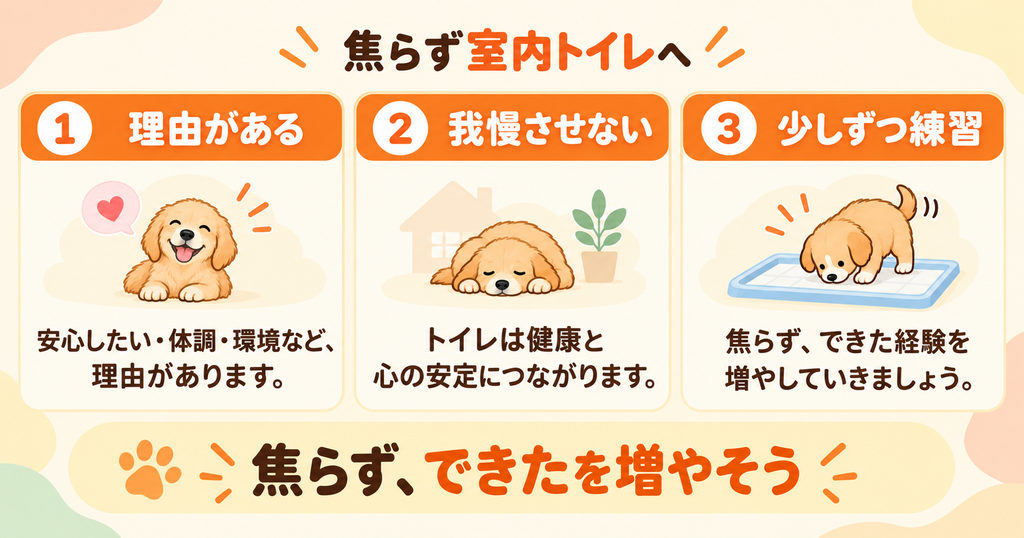 室内トイレは焦らず練習し、理由を理解してできた経験を増やす大切さを伝える、この記事のまとめの図解