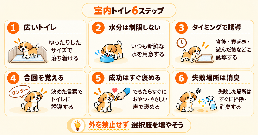 室内トイレへ移行する6ステップを、広いトイレや誘導、褒め方などで示した図解
