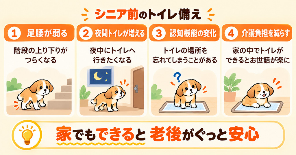 シニア期に備え、足腰の衰えや夜間トイレ、介護負担を減らすポイントを示した図解