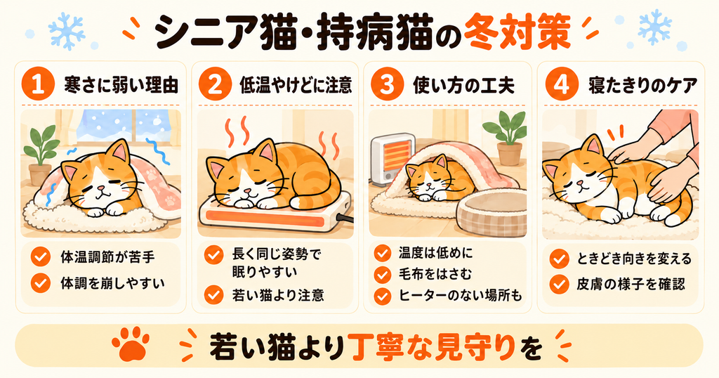 シニア猫や持病のある猫の冬対策として、低温やけどや寝たきりケアの注意点を示した図解