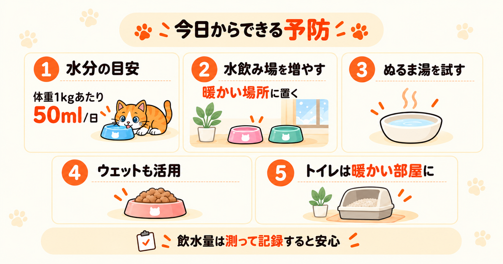 猫の冬の尿トラブル予防として、水分量の目安や飲み水、ウェットフード、トイレ環境を示した図解
