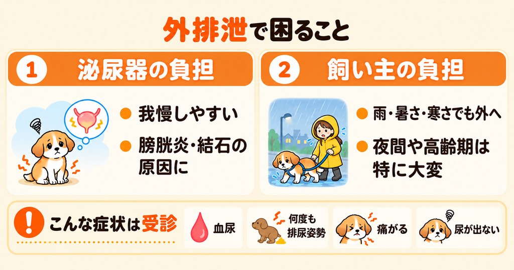 外排泄で困ることとして、泌尿器の負担と飼い主の負担、受診サインをまとめた図解