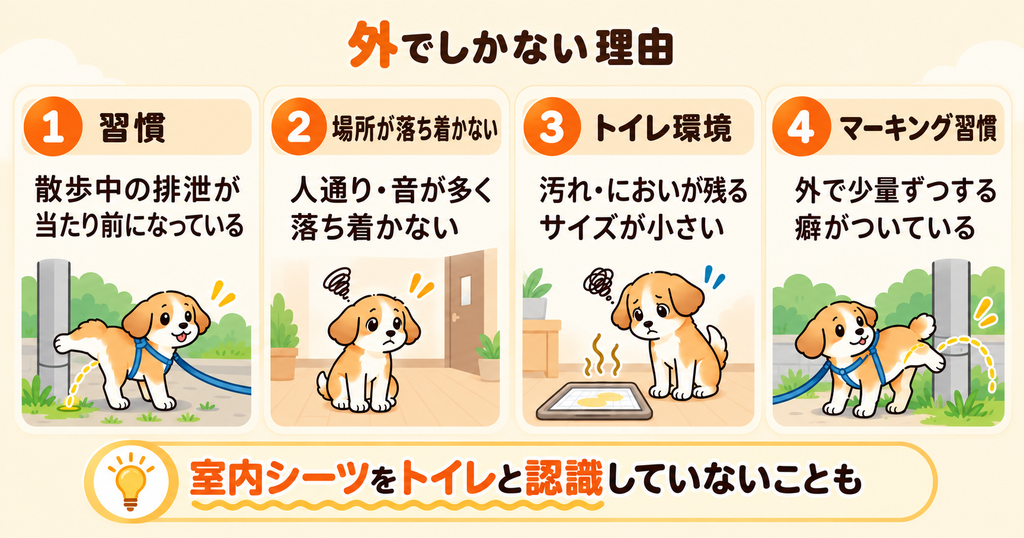 外でしか排泄しない犬の理由を、習慣・トイレ環境・マーキングなど4つに整理した図解