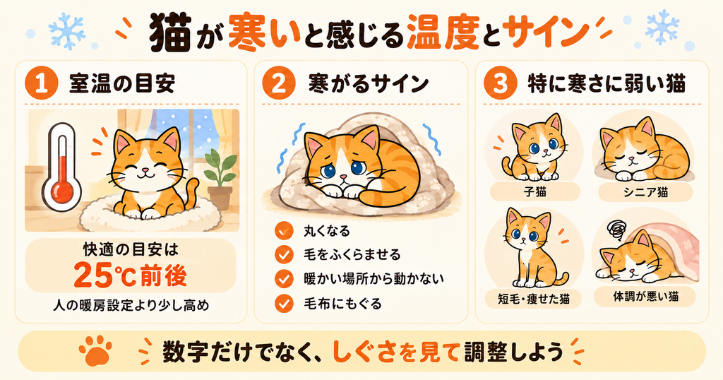 猫が寒いと感じる室温の目安や、丸くなる・動かないなど寒がるサインをまとめた図解