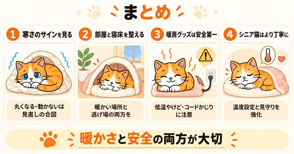 猫の寒さ対策のまとめとして、サイン確認・部屋と寝床・暖房グッズの安全性を整理した図解