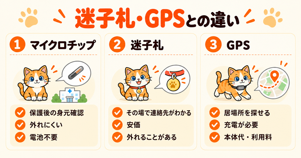 猫の迷子対策として、マイクロチップ・迷子札・GPSの役割を比較。保護後の身元確認、その場での連絡、居場所の探索という違いや、電池・充電の必要性をにゃーすと説明した図。