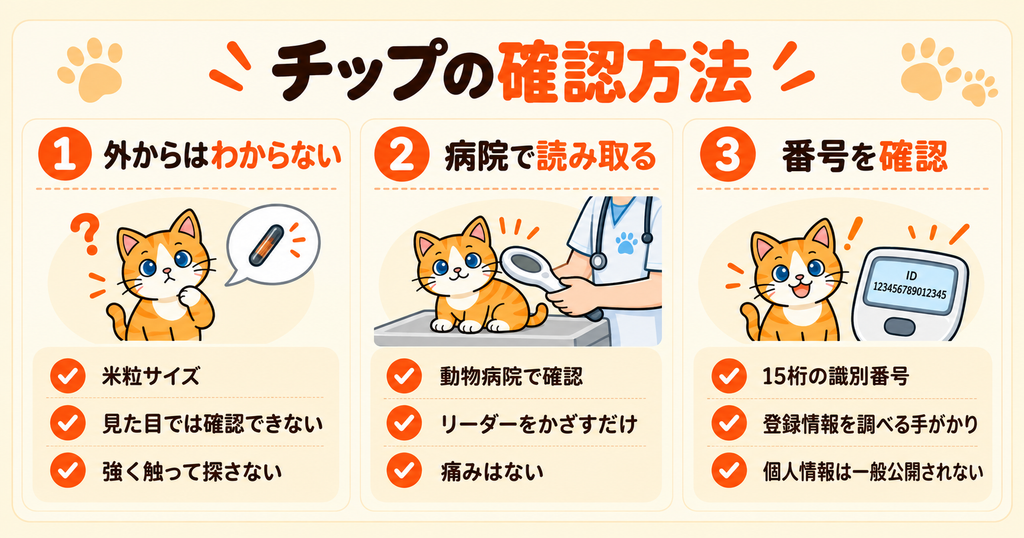 猫のマイクロチップは外から見てもわからず、動物病院で専用リーダーを使って確認することや、15桁の識別番号が読み取れることを、にゃーすのイラストで説明した図。