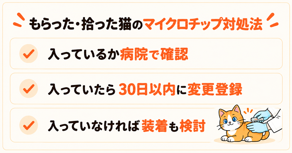 猫のマイクロチップは動物病院で有無を確認し、登録済みなら30日以内に変更登録、未装着なら装着を検討することを解説。拾った猫はまず飼い主確認と届出が必要と示した図。