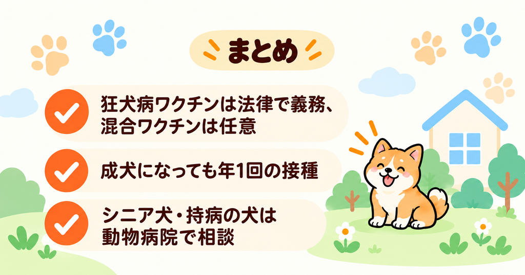 犬のワクチン接種で大切な3つのポイントをまとめた図解。狂犬病ワクチンは法律上の義務、混合ワクチンは任意であること、成犬の追加接種やシニア犬の個別相談について紹介。