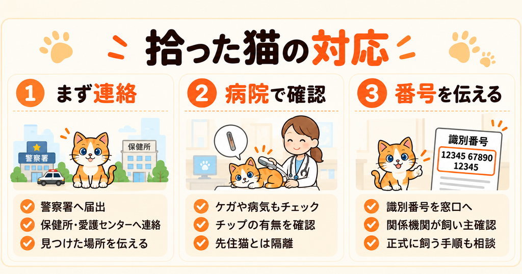 迷い猫を拾ったときの対応を3段階で紹介。警察署や保健所への連絡、動物病院でのマイクロチップ確認、識別番号を関係機関へ伝える流れを、にゃーすのイラストで示した図。