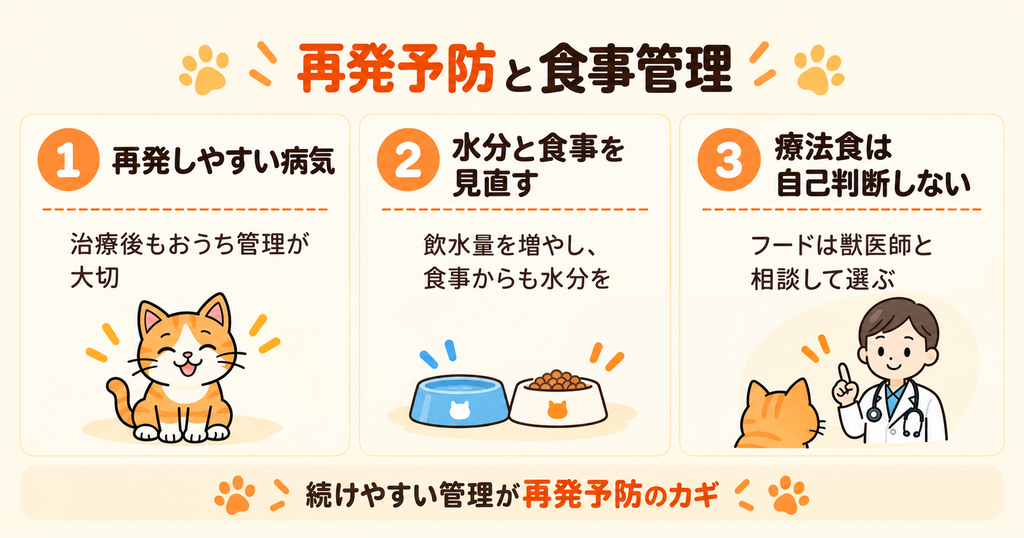 猫の尿トラブル再発予防として、水分摂取や食事管理、療法食の注意点をまとめた図解